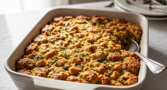 Classic Herb Bread Stuffing with crispy top in a baking dish