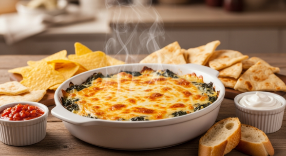 Hot spinach artichoke dip in a baking dish with melted cheese