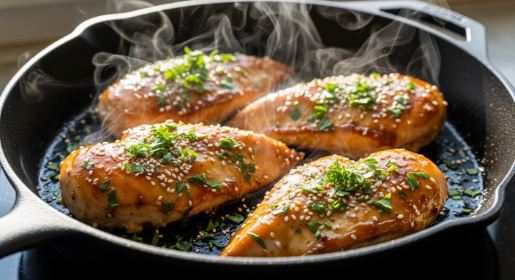 One-pan honey garlic chicken breasts in skillet with sticky glaze