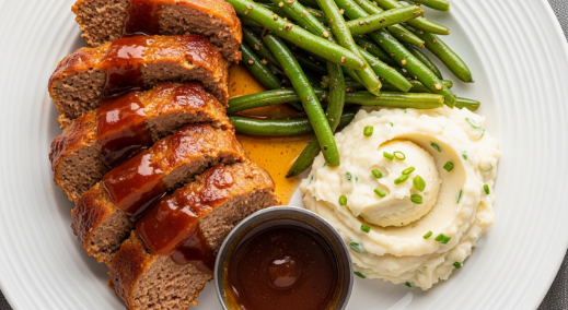 Slices of air fryer turkey meatloaf served with sides