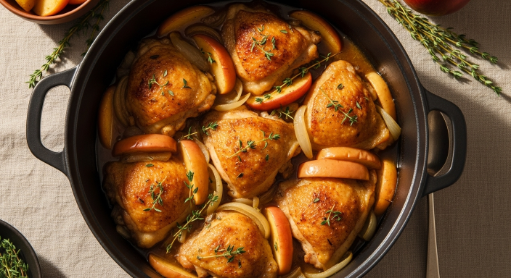 Juicy apple cider braised chicken thighs in Dutch oven
