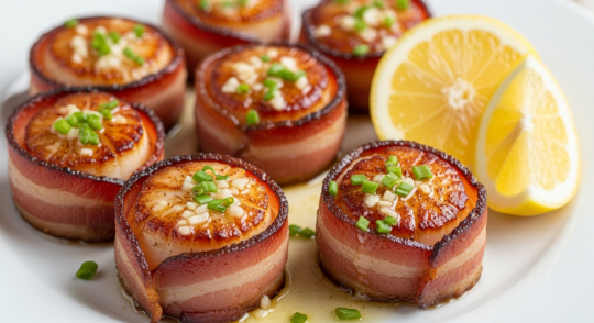 Bacon-wrapped scallops drizzled with lemon butter
