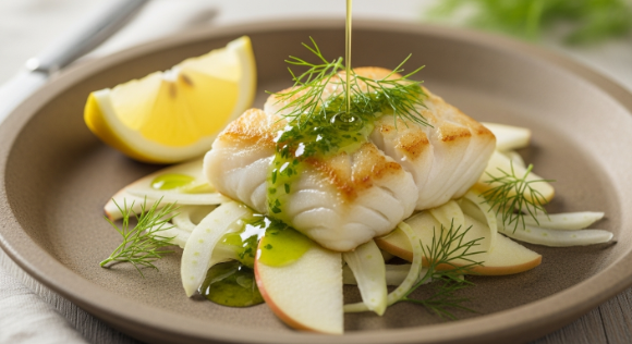 Plated baked cod with apple and fennel