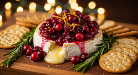 Baked brie with cranberry compote on serving board.