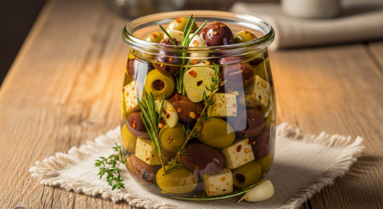 Marinated olives and cheese cubes in olive oil and herbs.