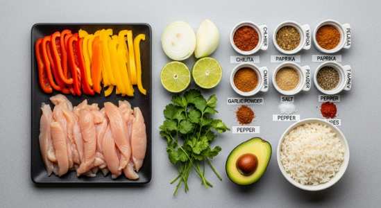 Overhead of ingredients for air fryer chicken fajita bowls
