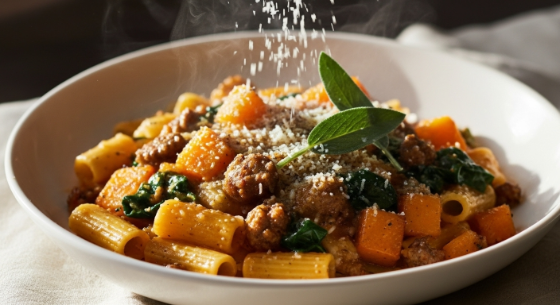 Finished bowl of creamy sausage and squash pasta