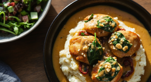 Plated creamy Tuscan chicken over mashed potatoes