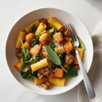 Single serving of sausage and butternut squash pasta