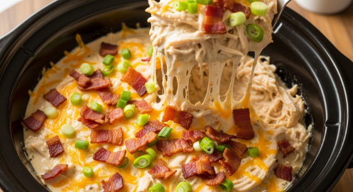 Slow cooker crack chicken topped with turkey bacon and green onions