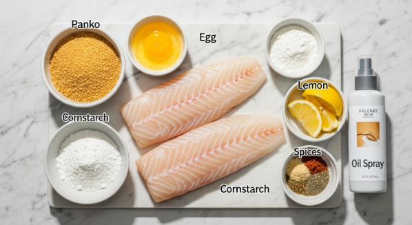 Ingredients for crispy air fryer cod fillets arranged on a board