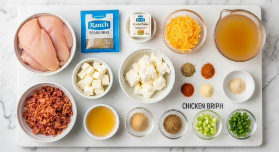 Ingredients for slow cooker crack chicken arranged on a board