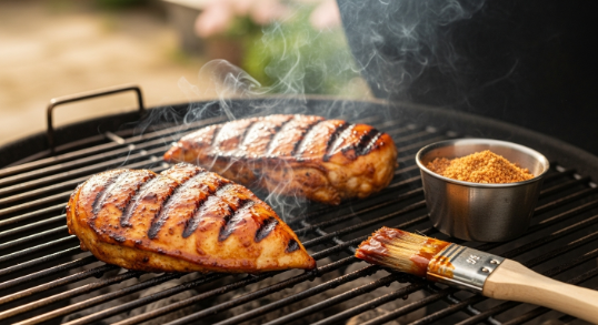 Juicy BBQ chicken breasts with sauce on the grill