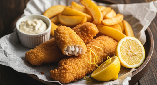 Crispy air fryer fish and chips with golden fries and lemon wedges