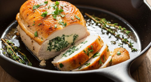 Sliced stuffed chicken breast with spinach and cheese in skillet