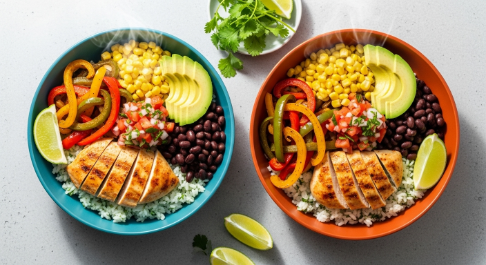Chicken breast fajita bowls with peppers, rice, and toppings