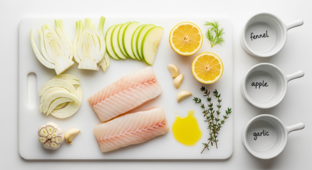 Ingredients for baked cod with apple and fennel