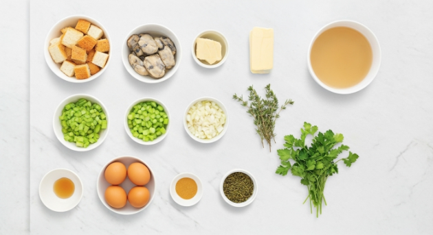 Ingredients for oyster stuffing on parchment