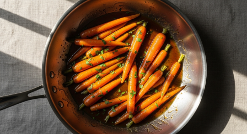Honey glazed carrots in a skillet with parsley