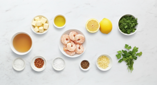 Flat lay of shrimp scampi ingredients with lemon, garlic, butter, and parsley Caption: Simple pantry and fresh ingredients—no wine required.