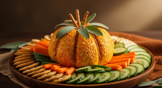 Finished pumpkin cheese ball on platter with dippers