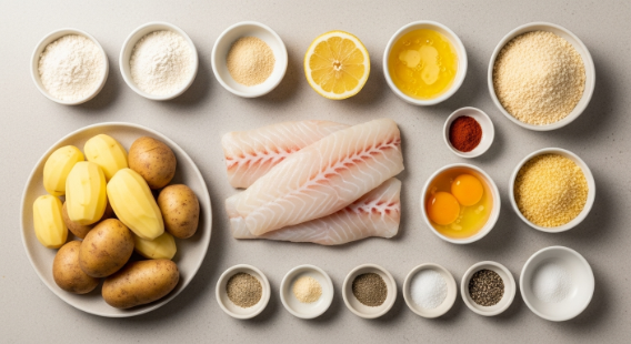 Ingredients for crispy air fryer fish and chips arranged on a counter