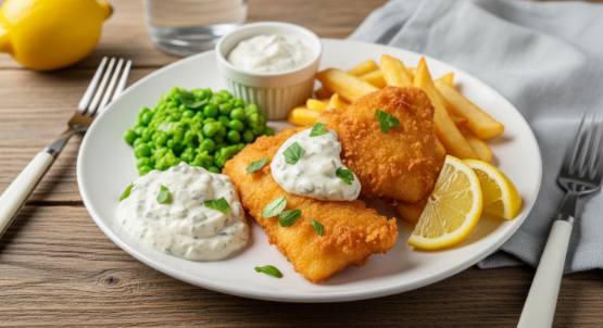 Crispy air fryer fish and chips served with peas and tartar sauce