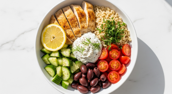 Greek Chicken Bowls with lemon-garlic chicken and tzatziki