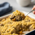 Plated slice of traditional oyster stuffing