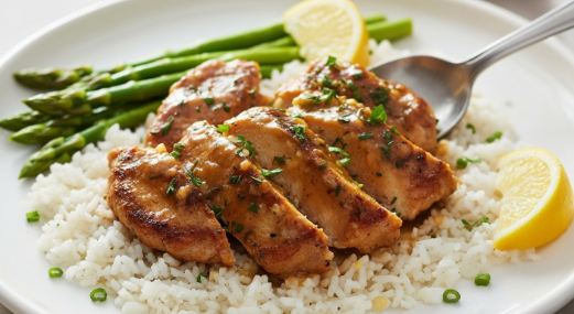 Plated lemon herb chicken with rice and asparagus