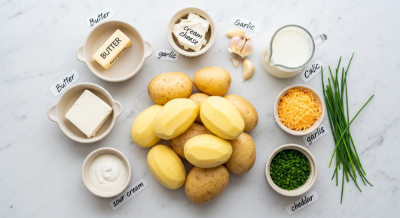 Ingredients for mashed potato casserole on marble