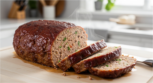 Sliced air fryer turkey meatloaf with ketchup glaze