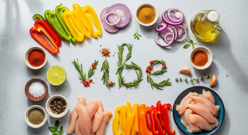 Ingredients for chicken fajita bowls on counter
