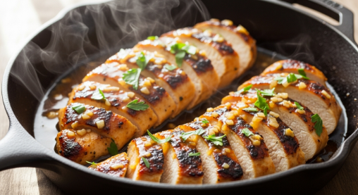 Sliced lemon herb chicken breast with bright lemon–garlic sauce
