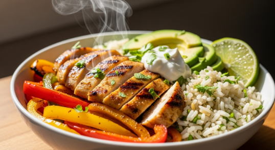 Close-up bowl with air fryer chicken fajita bowls, peppers, rice, and avocado