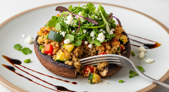 Plated stuffed portobello mushroom with quinoa