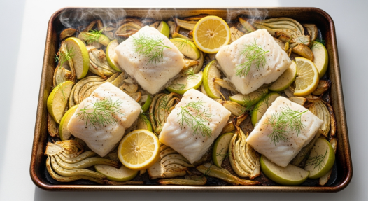 Easy Baked Cod with Apple and Fennel on a sheet pan