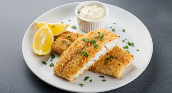 Plated crispy air fryer cod fillets with lemon and sauce