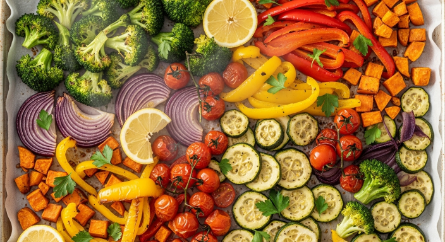 Roasted vegetable medley on sheet pan with lemon and parsley