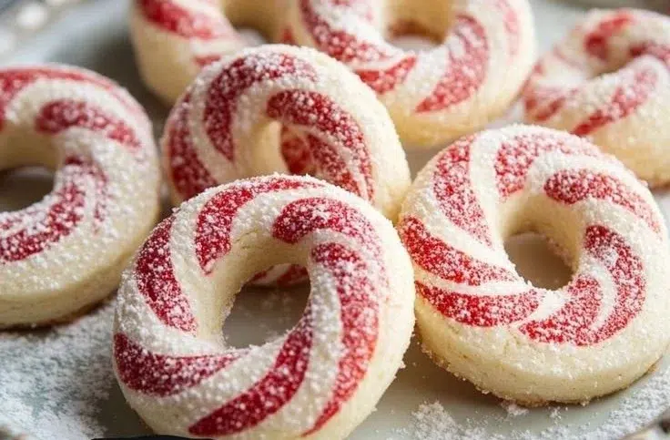 Delicious Candy Cane Cookies decorated with festive peppermint stripes.