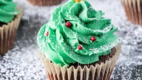 Festively decorated Christmas Tree Cupcakes for holiday celebrations