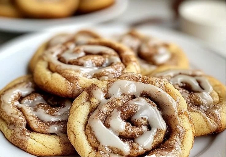 Delicious cinnamon roll cookies topped with icing on a plate.