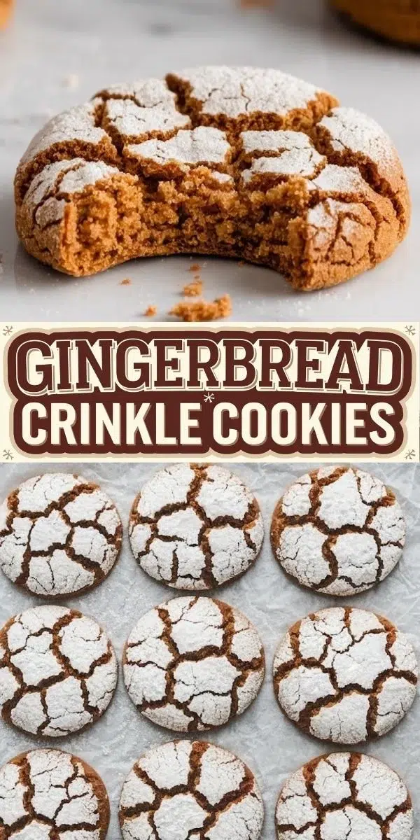 Delicious Gingerbread Crinkle Cookies with a cracked surface and festive decoration.