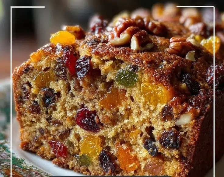 Deliciously moist fruitcake decorated with nuts and dried fruits