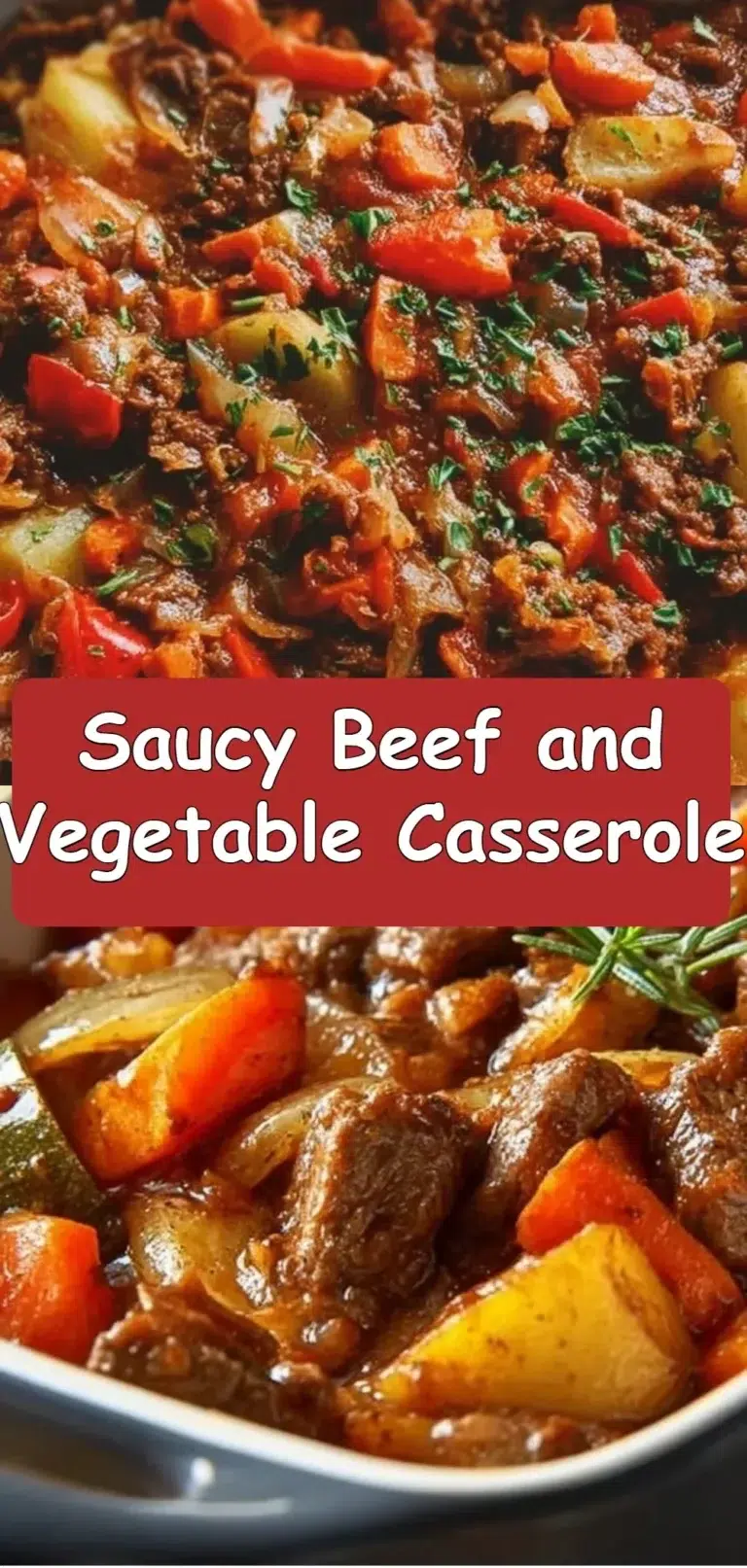 Delicious saucy beef and vegetable casserole ready to serve in a baking dish.