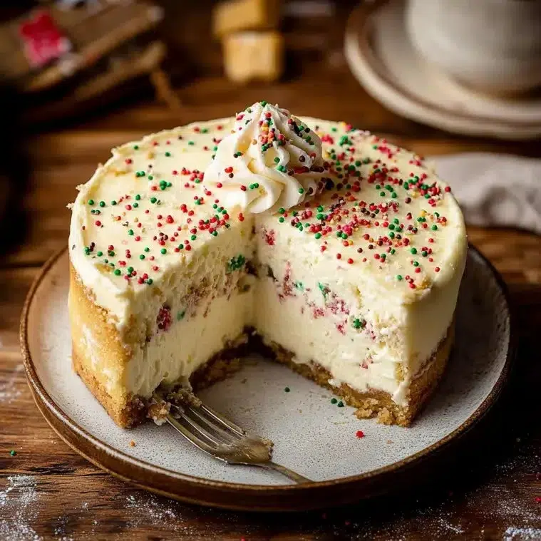 Delicious sugar cookie cheesecake topped with colorful sprinkles and served on a plate