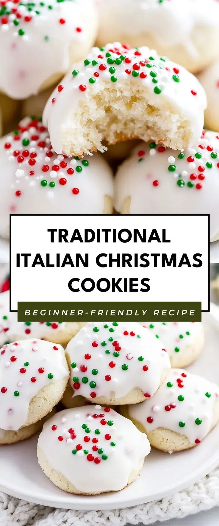 Traditional Italian Christmas cookies decorated with icing and festive toppings