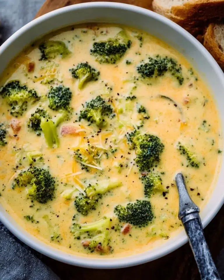 Bowl of creamy broccoli cheddar soup with cheese and broccoli florets