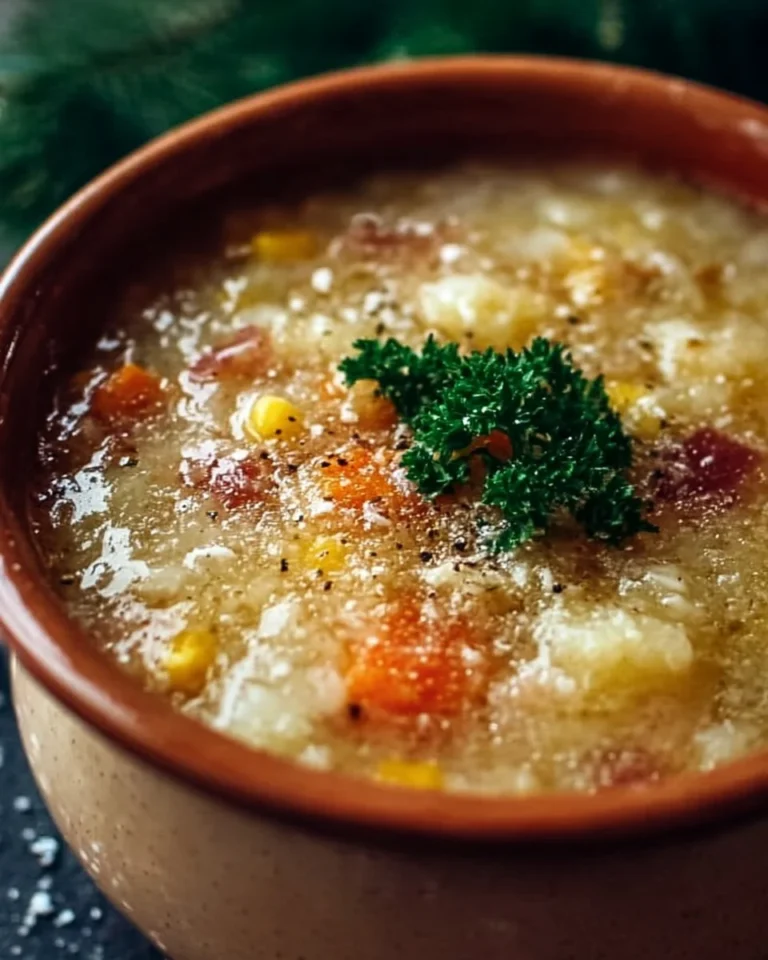 A bowl of hearty Amish Snow Day Soup with winter vegetables and spices.