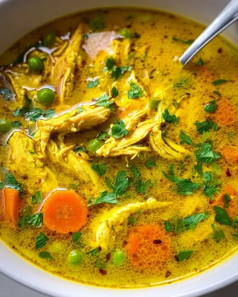 Bowl of anti-inflammatory turmeric chicken soup garnished with herbs